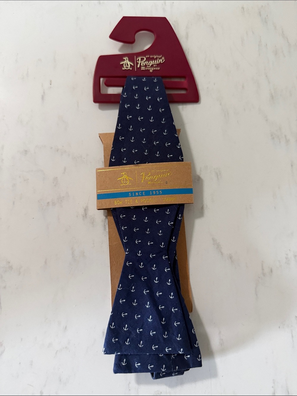 Original Penguin Navy Blue Bow Tie with White Anchor Print